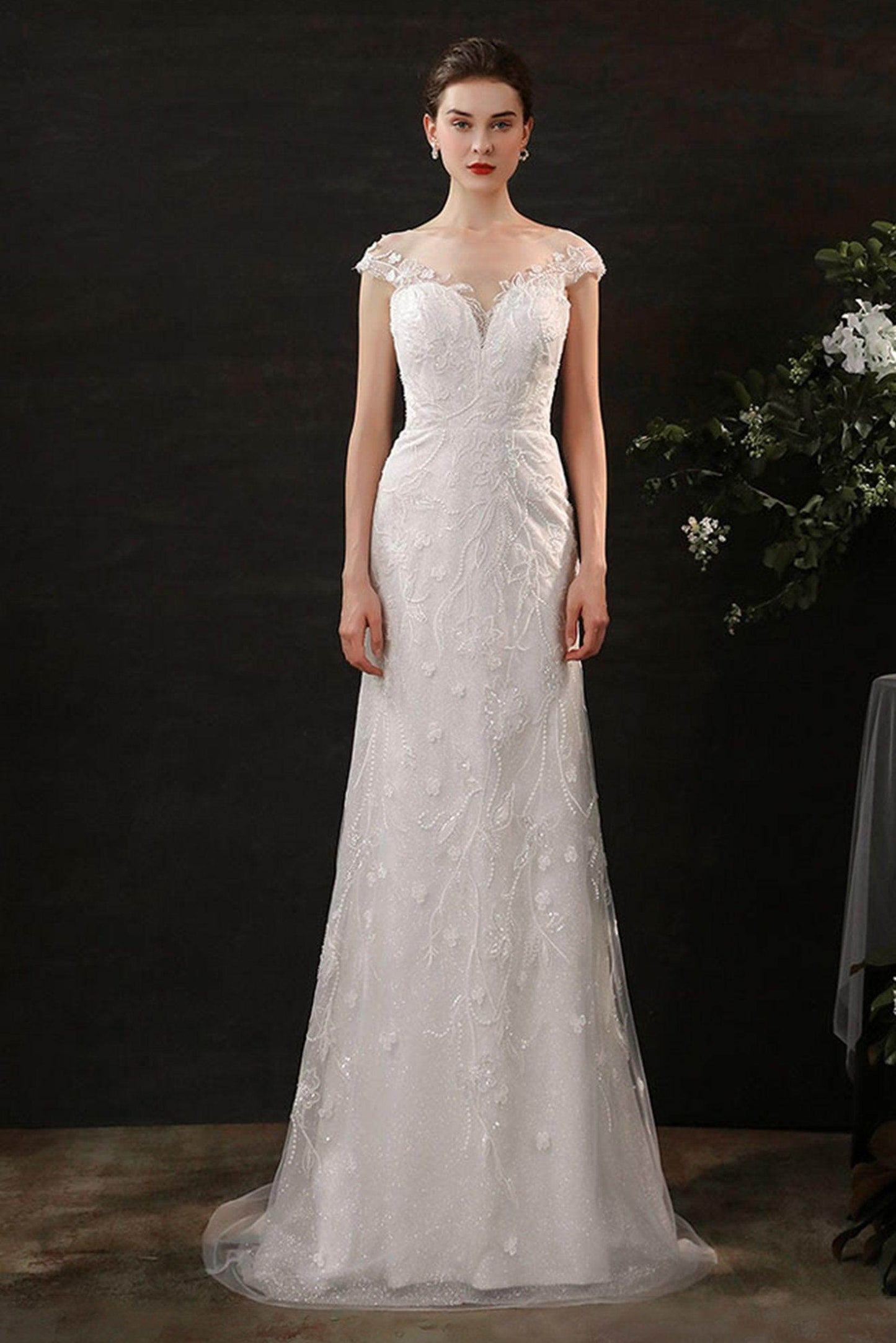 Sheath Sweep-Brush Train Lace Tulle Wedding Dress CW2700 - COCOMELODY