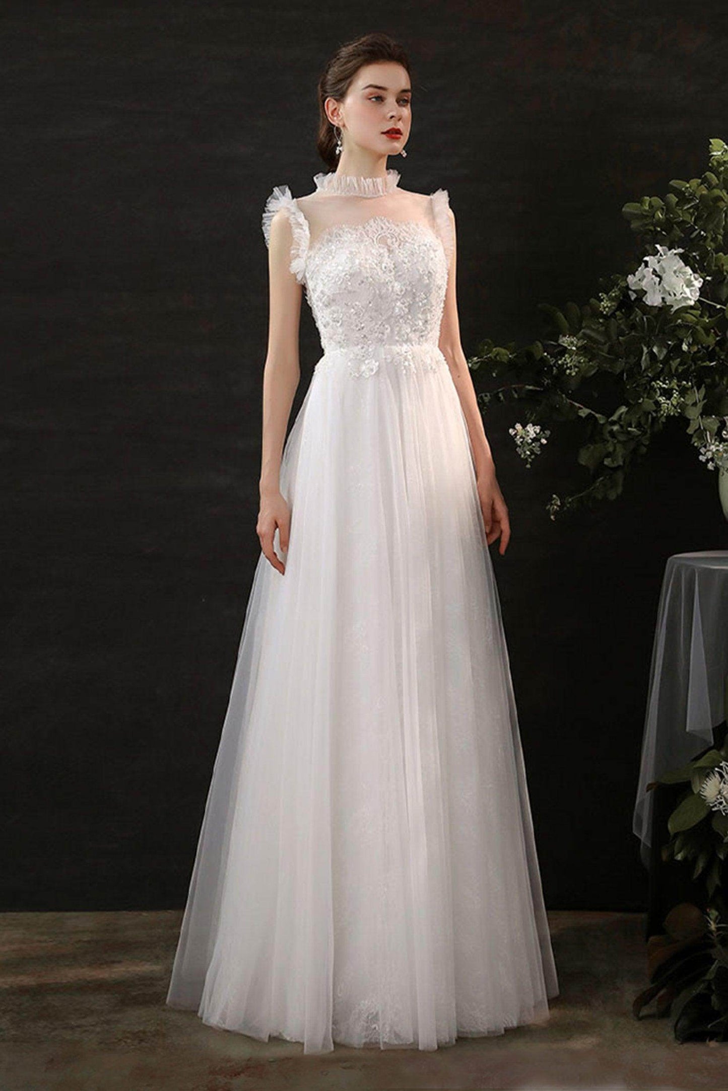 A-Line Sweep-Brush Train Lace Tulle Wedding Dress CW2701 - COCOMELODY