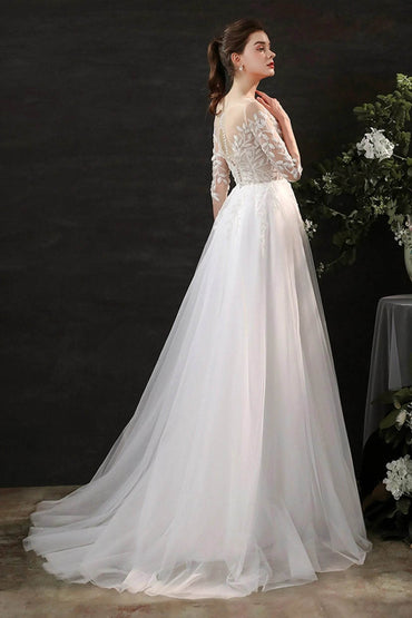 A-Line Sweep-Brush Train Lace Tulle Wedding Dress CW2703 - COCOMELODY