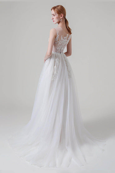 A-Line Sweep-Brush Train Lace Tulle Wedding Dress CW2704 - COCOMELODY