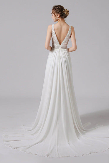 A-Line Sweep-Brush Train Lace Tulle Wedding Dress CW2705 - COCOMELODY