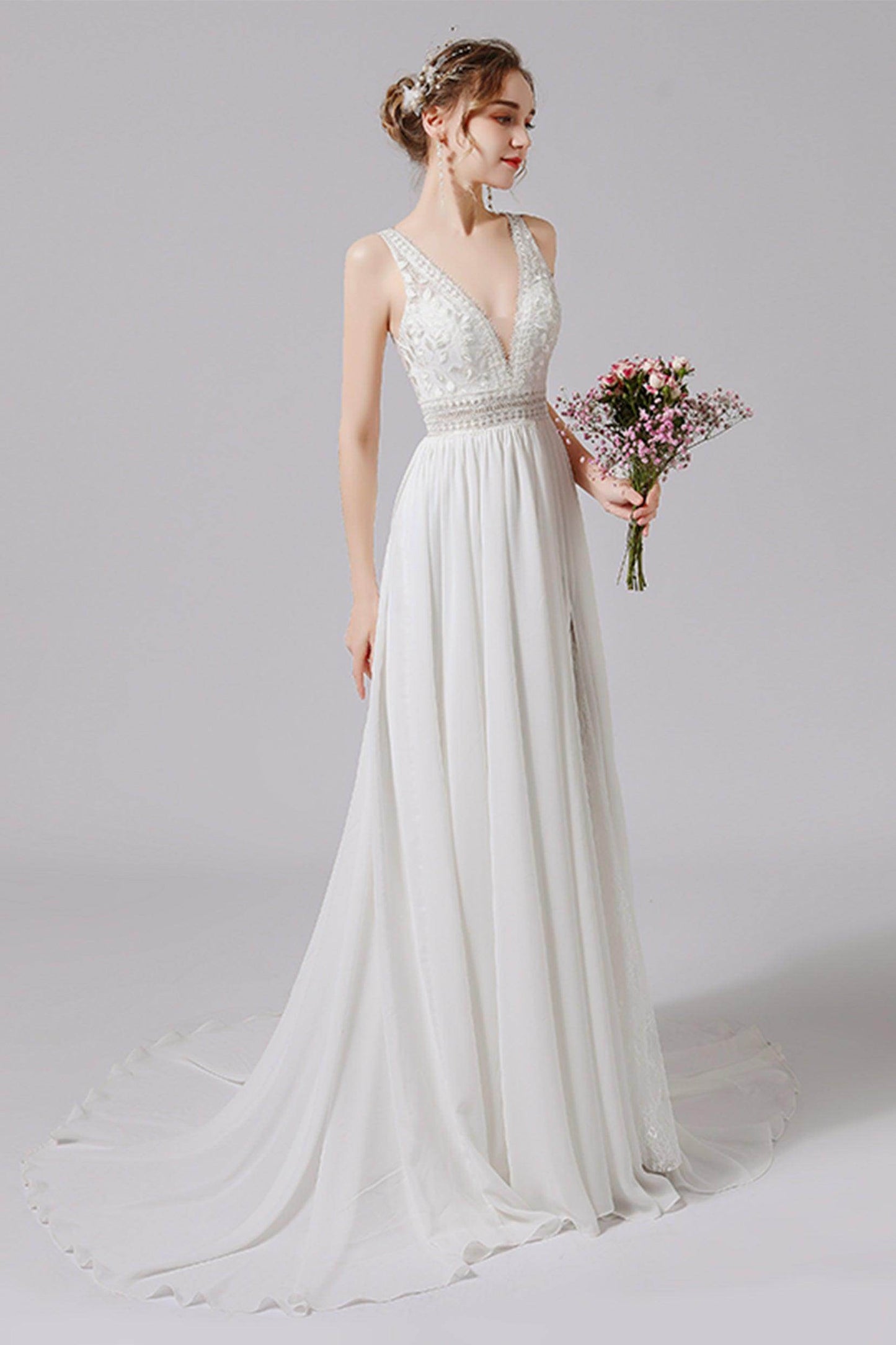 A-Line Sweep-Brush Train Lace Tulle Wedding Dress CW2705 - COCOMELODY