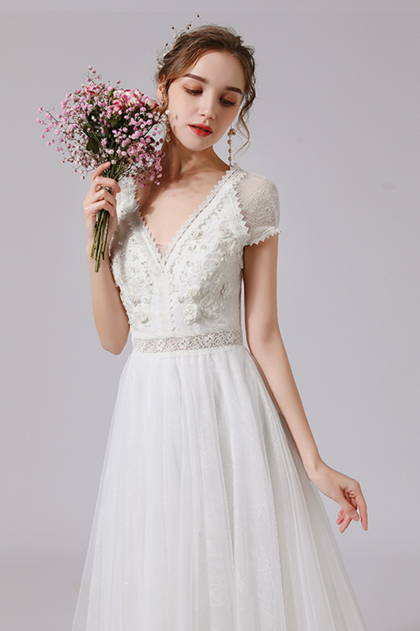 A-Line Floor Length Lace Tulle Wedding Dress CW2706