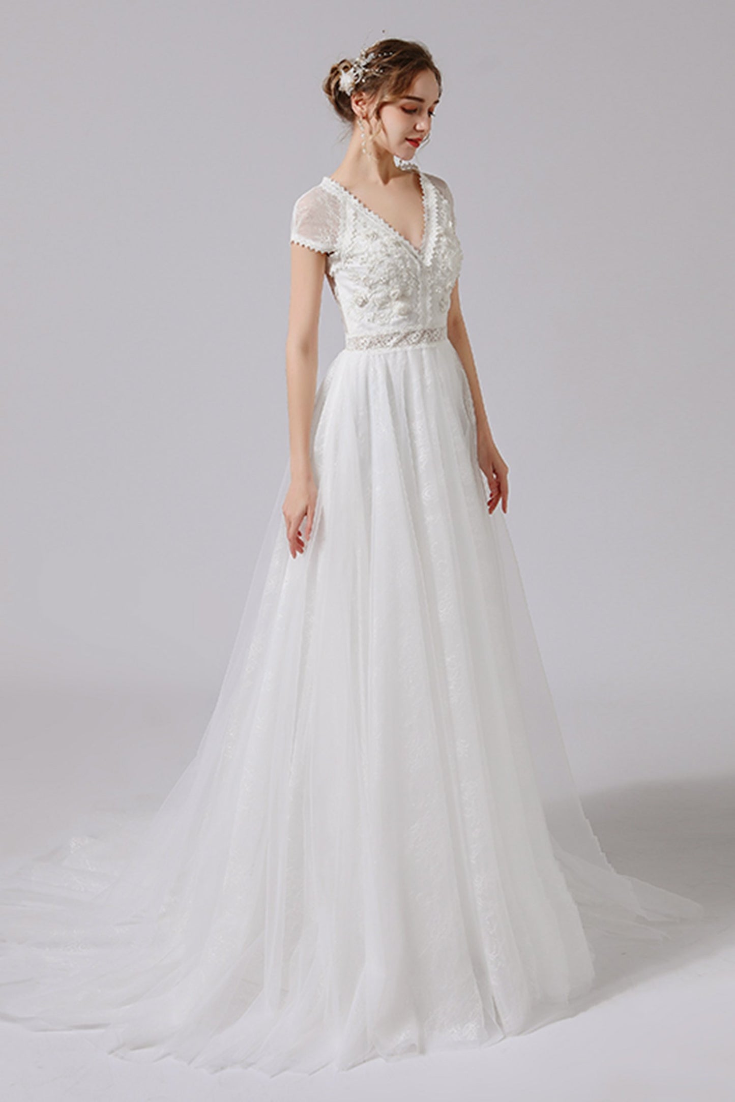 A-Line Floor Length Lace Tulle Wedding Dress CW2706