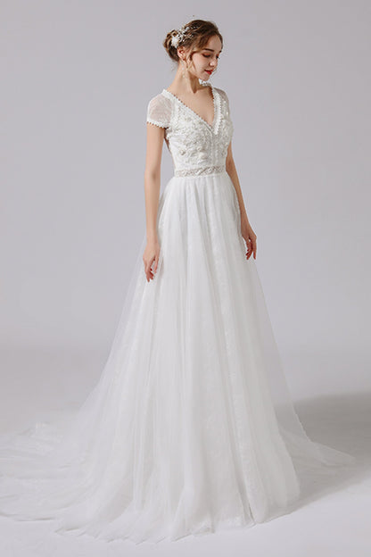 A-Line Floor Length Lace Tulle Wedding Dress CW2706