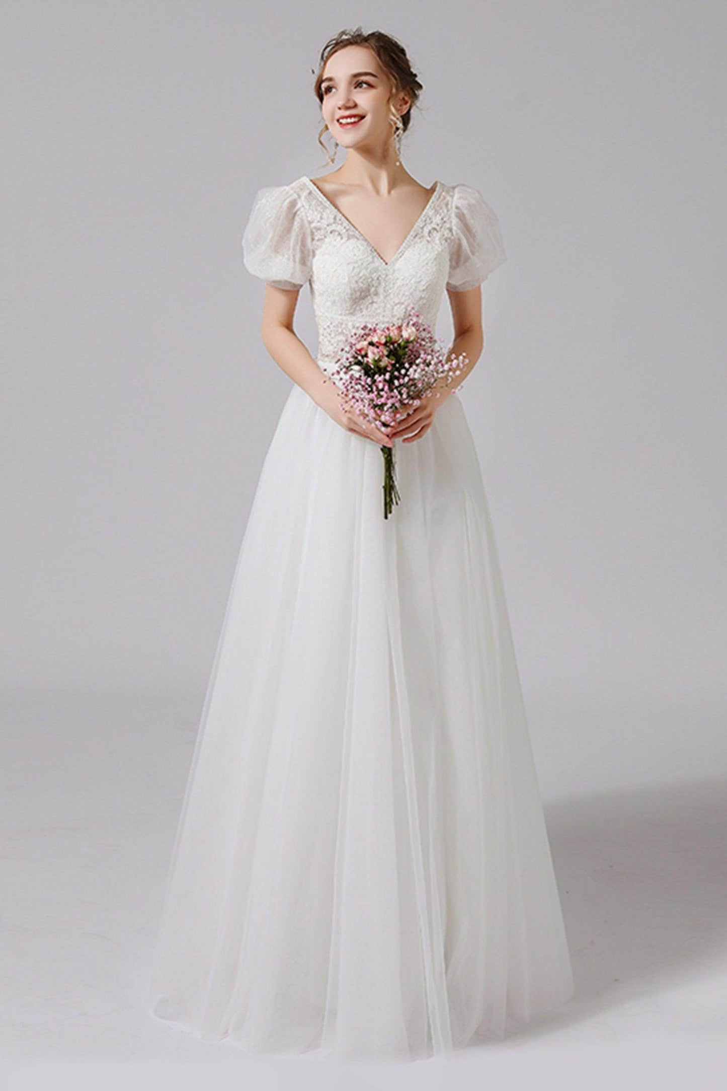 A-Line Floor Length Lace Tulle Wedding Dress CW2707 - COCOMELODY