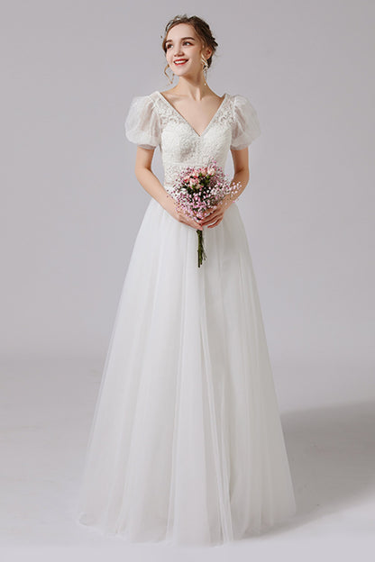 A-Line Floor Length Lace Tulle Wedding Dress CW2707