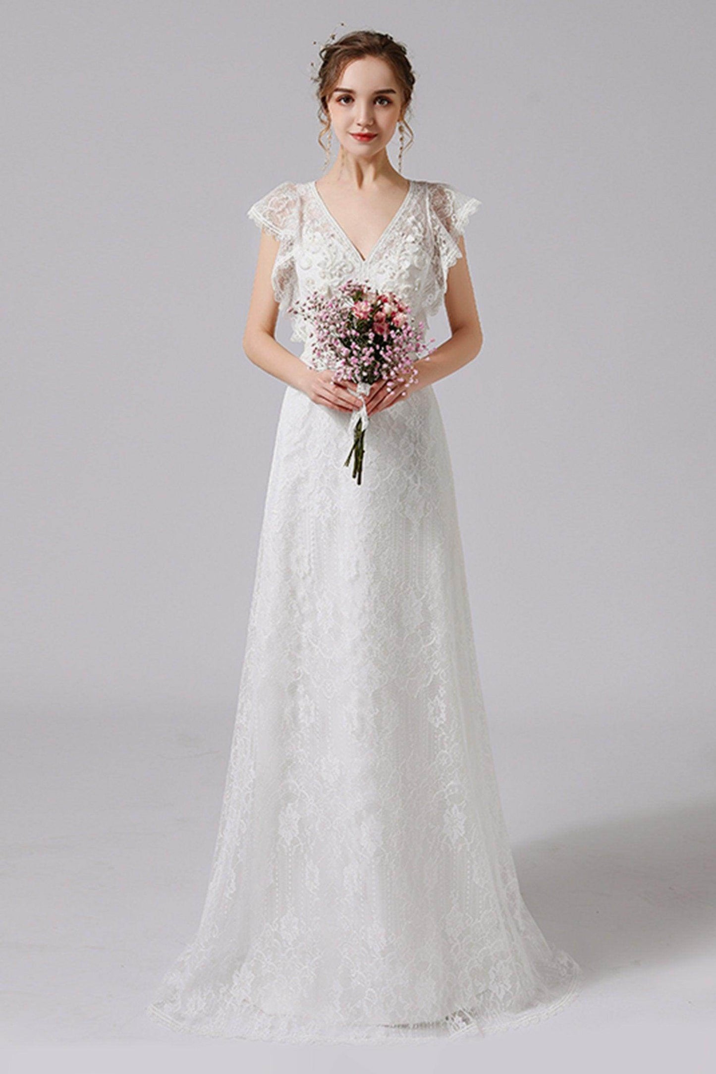 A-Line Floor Length Lace Tulle Wedding Dress CW2708 - COCOMELODY
