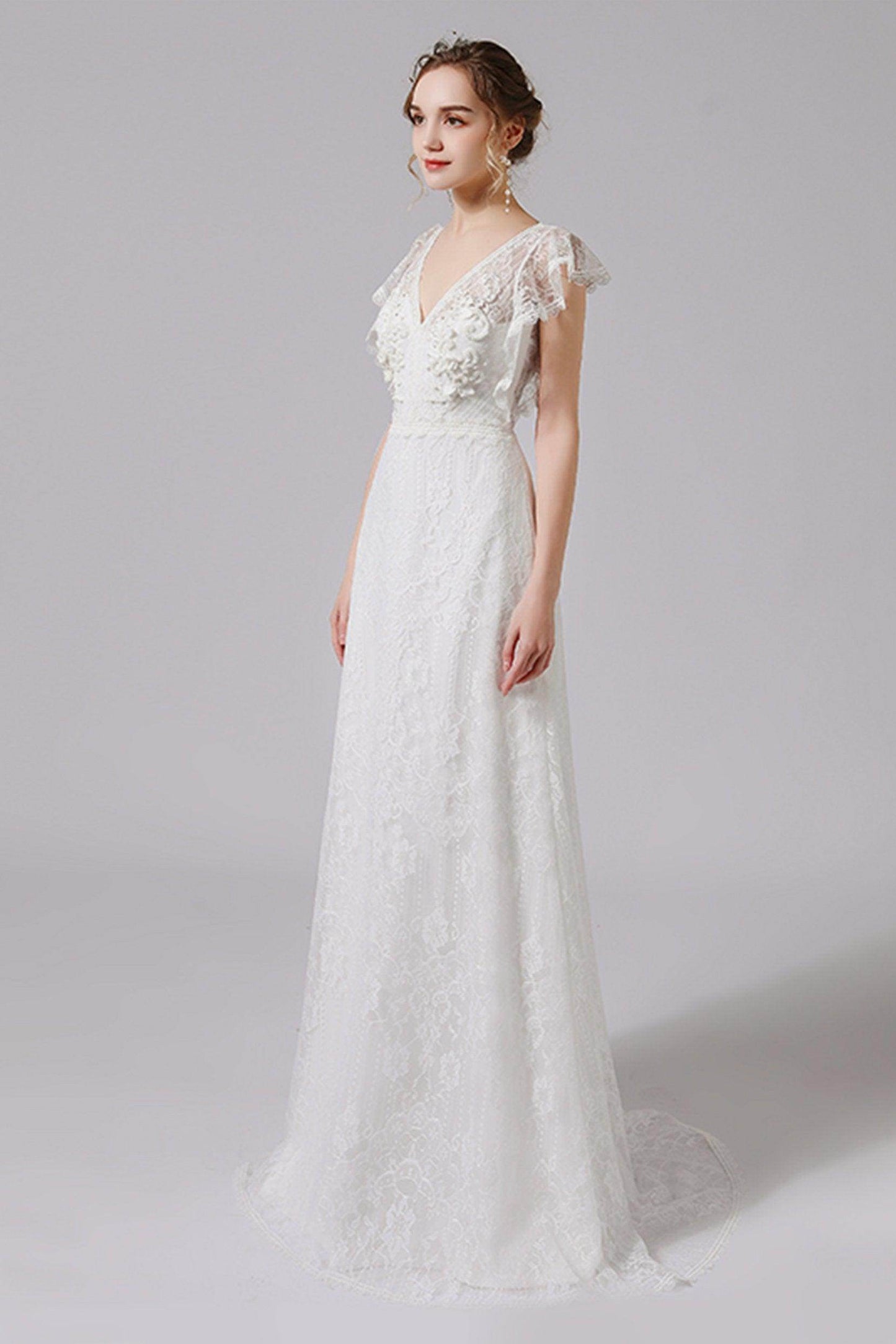 A-Line Floor Length Lace Tulle Wedding Dress CW2708 - COCOMELODY