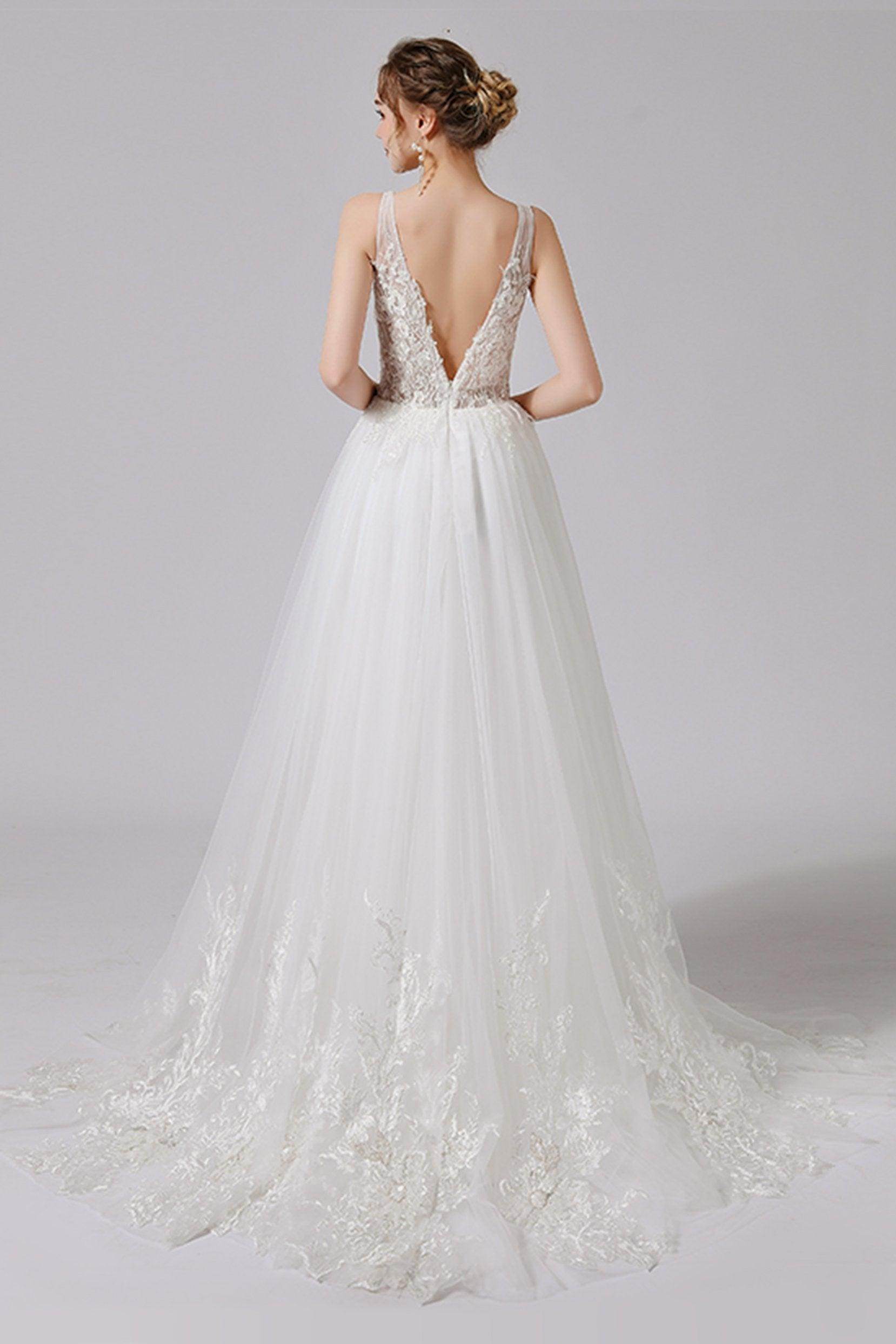 A-Line Sweep-Brush Train Lace Tulle Wedding Dress CW2709CR - COCOMELODY