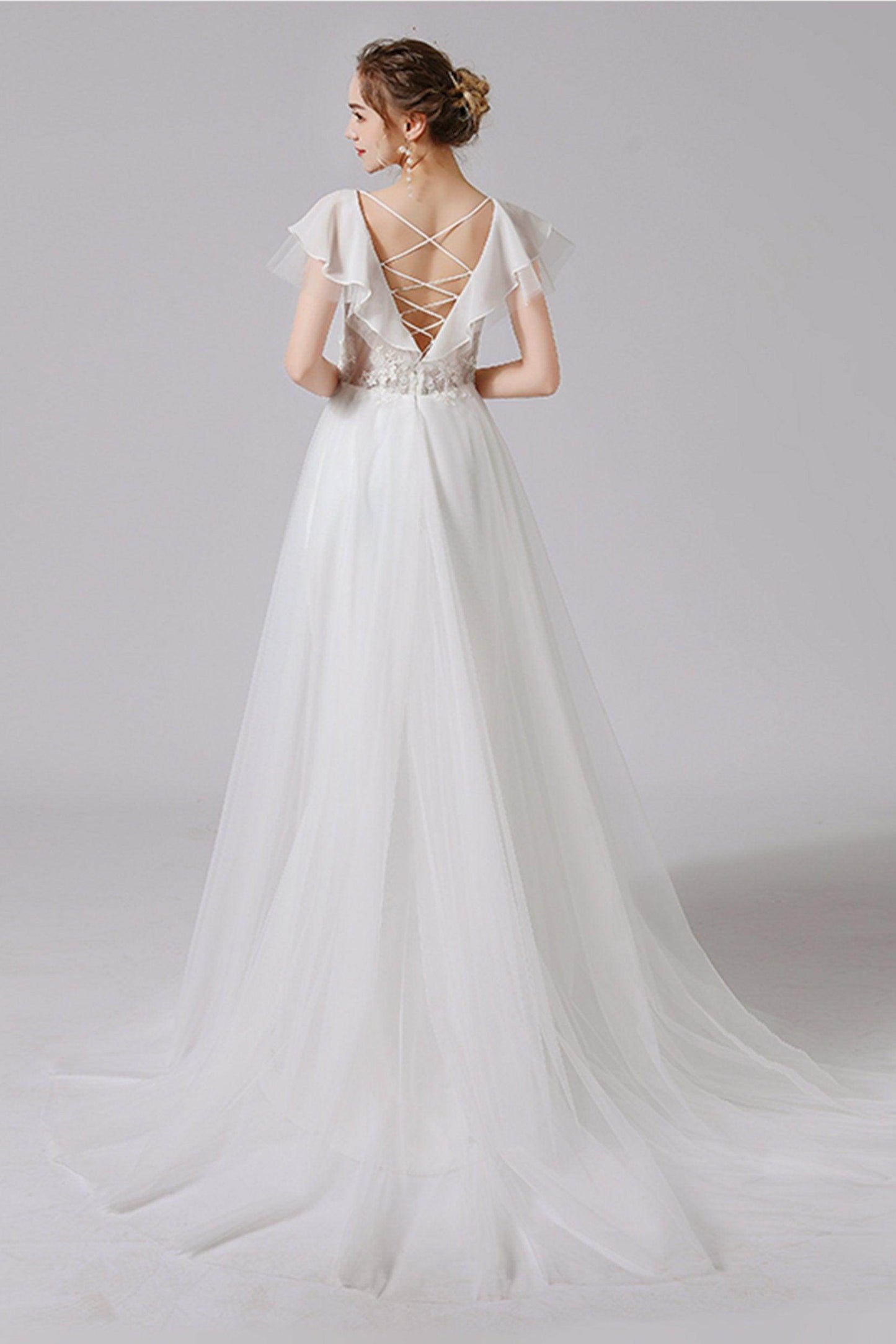 A-Line Sweep-Brush Train Lace Tulle Wedding Dress CW2710 - COCOMELODY