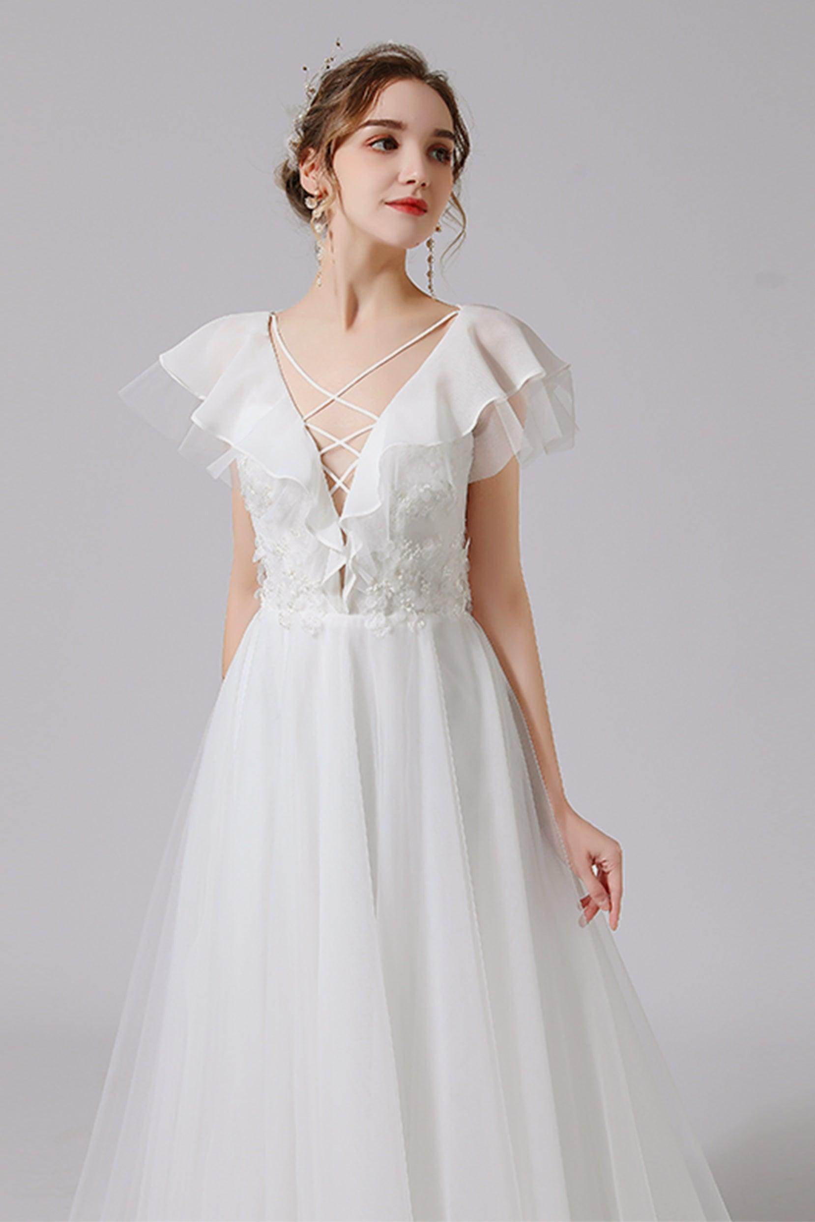 A-Line Sweep-Brush Train Lace Tulle Wedding Dress CW2710 - COCOMELODY