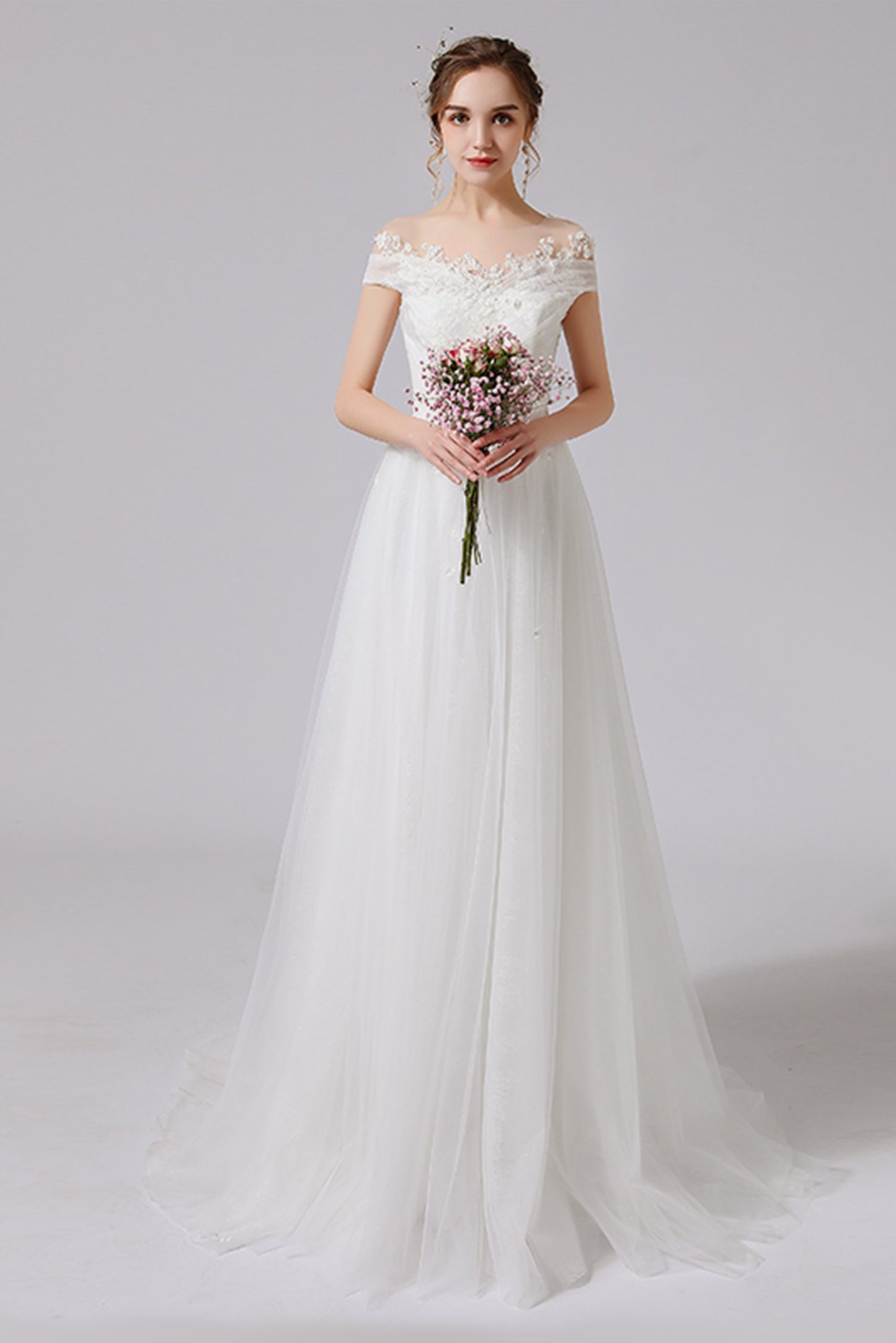 A-Line Sweep-Brush Train Lace Tulle Wedding Dress CW2711