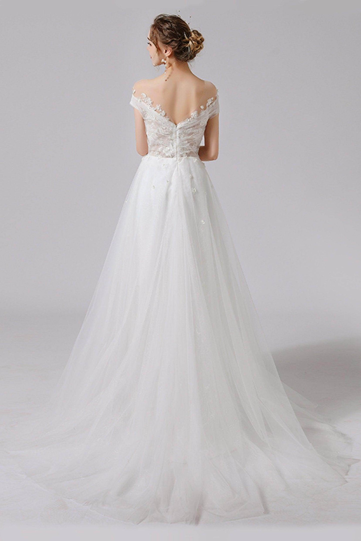 A-Line Sweep-Brush Train Lace Tulle Wedding Dress CW2711 - COCOMELODY