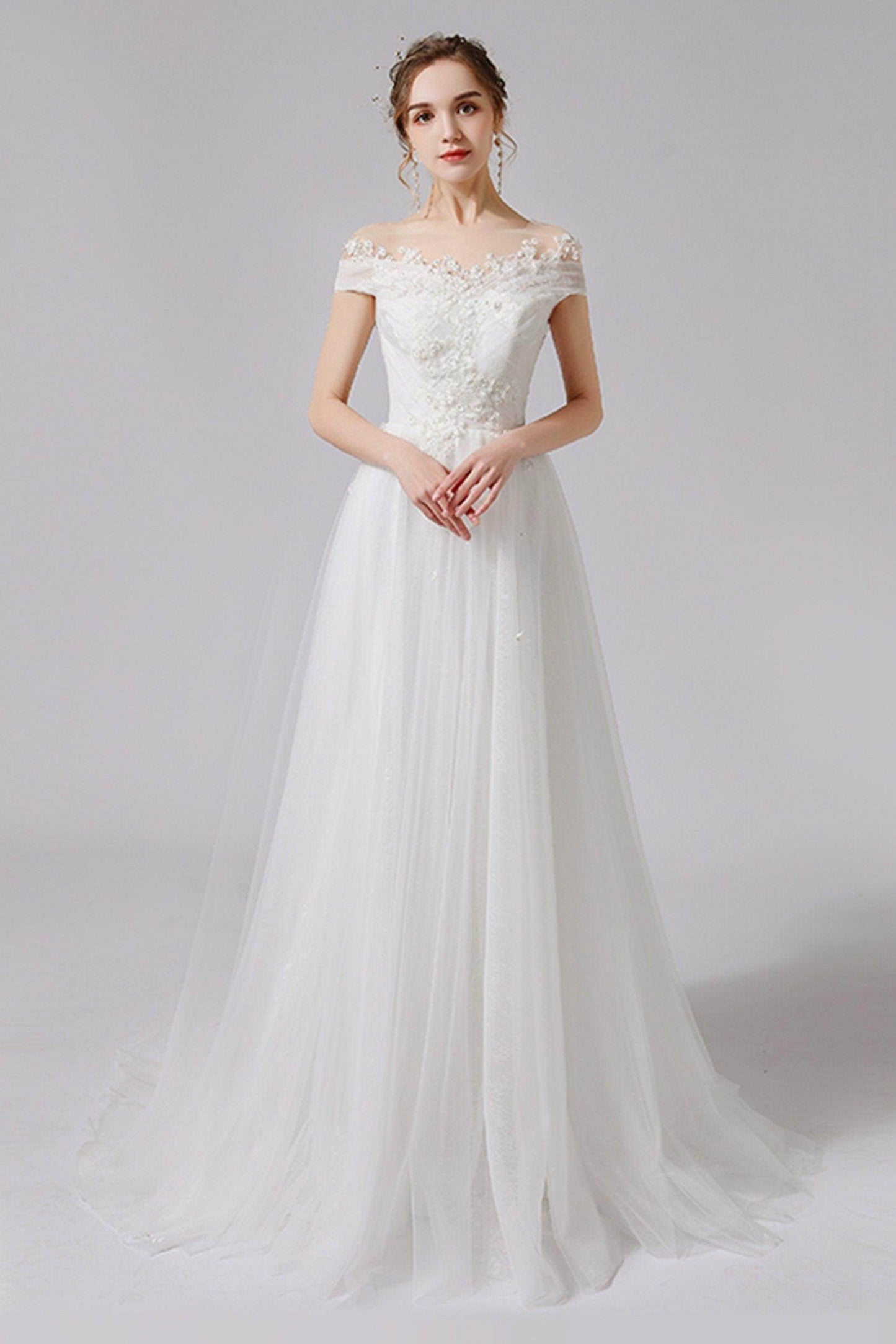A-Line Sweep-Brush Train Lace Tulle Wedding Dress CW2711 - COCOMELODY