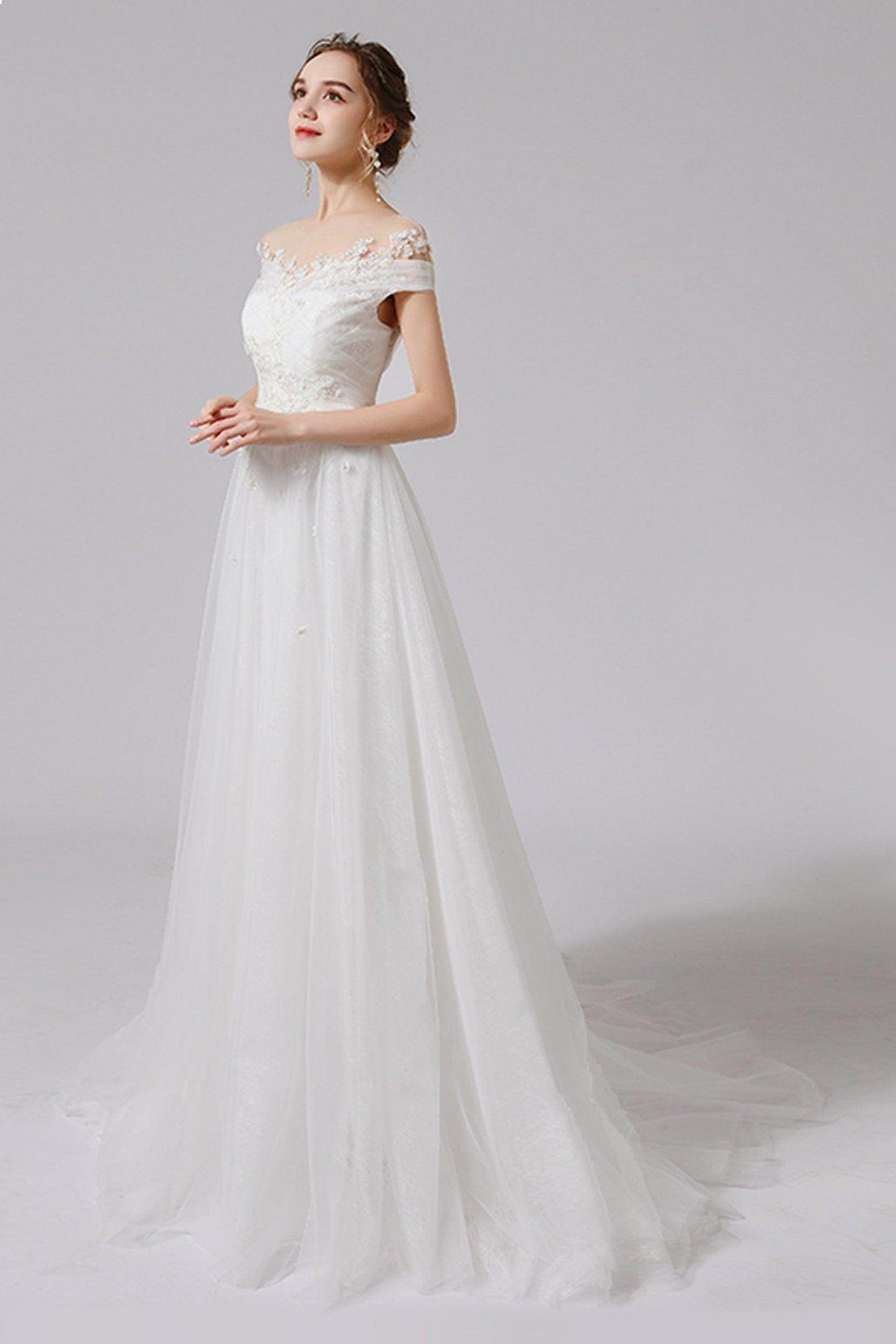 A-Line Sweep-Brush Train Lace Tulle Wedding Dress CW2711 - COCOMELODY