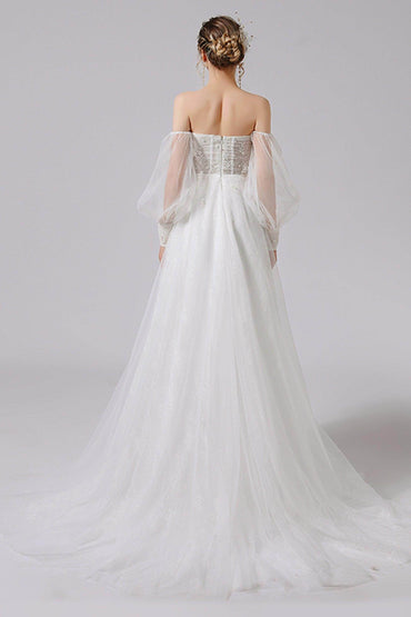 A-Line Floor Length Lace Tulle Wedding Dress CW2712 - COCOMELODY