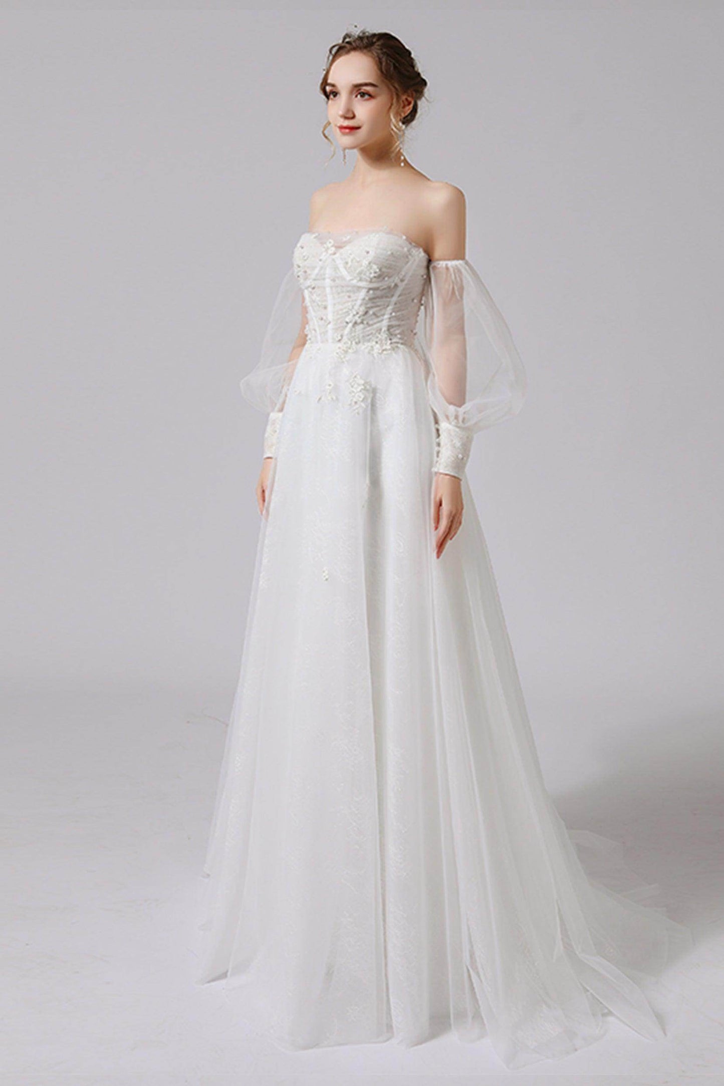 A-Line Floor Length Lace Tulle Wedding Dress CW2712 - COCOMELODY