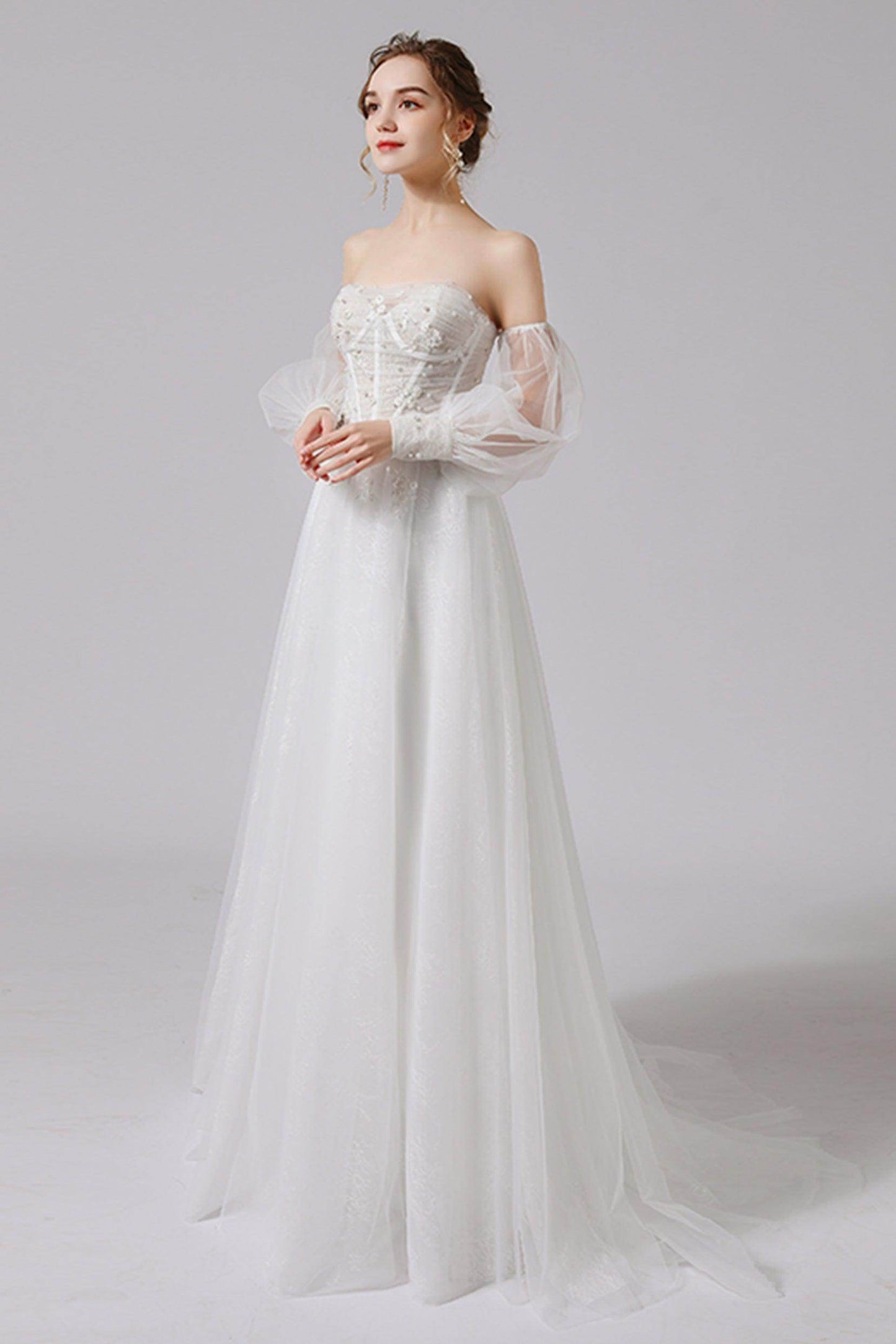 A-Line Floor Length Lace Tulle Wedding Dress CW2712 - COCOMELODY
