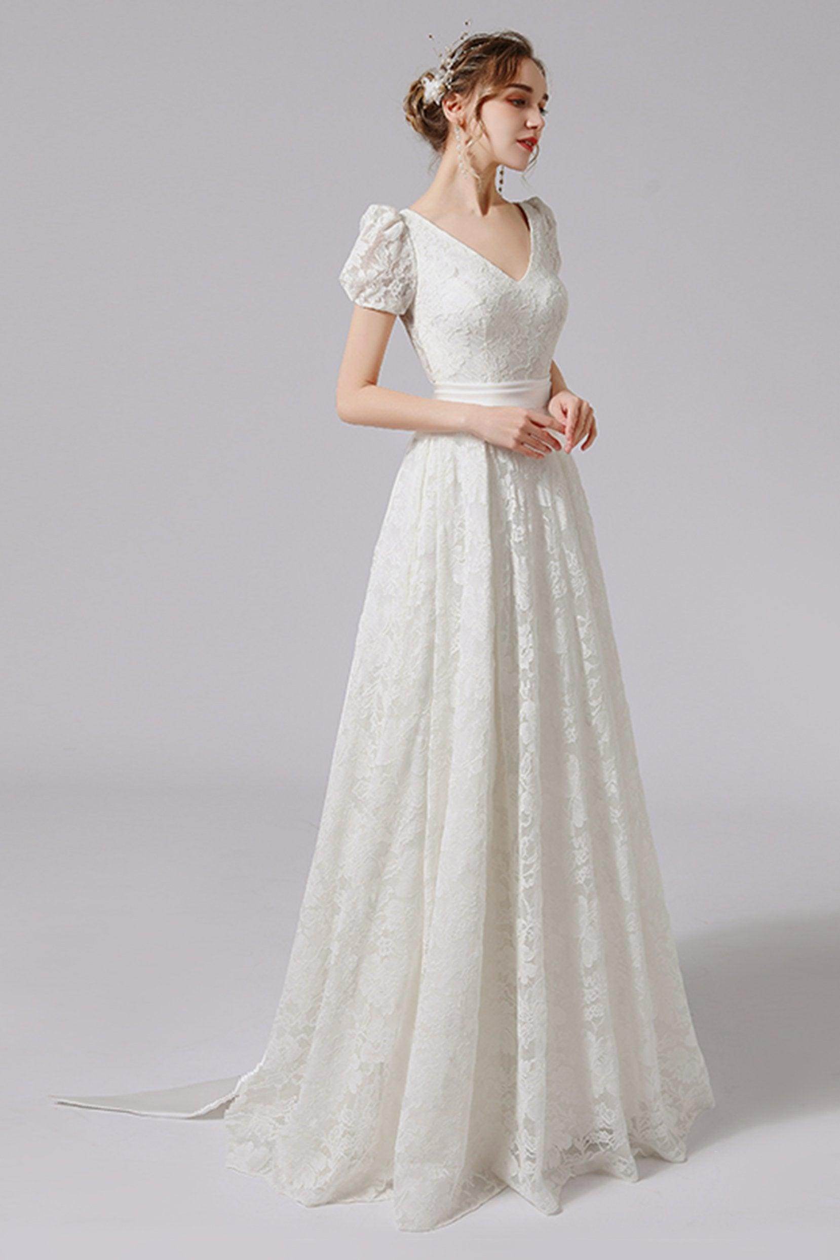 A-Line Floor Length Lace Tulle Wedding Dress CW2713 - COCOMELODY