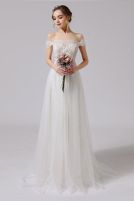 A-Line Sweep-Brush Train Lace Tulle Wedding Dress CW2716