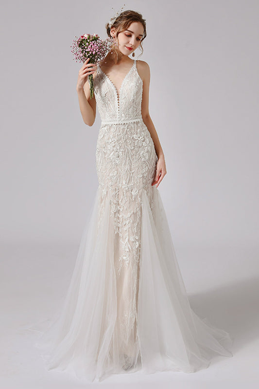 Trumpet Sweep-Brush Train Lace Tulle Wedding Dress CW2719