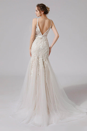 Trumpet Sweep-Brush Train Lace Tulle Wedding Dress CW2719 - COCOMELODY