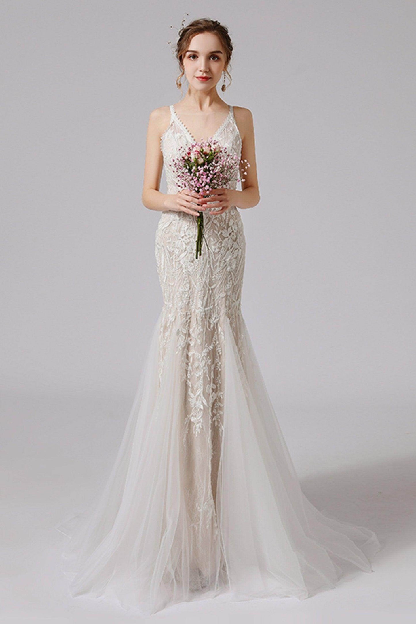 Trumpet Sweep-Brush Train Lace Tulle Wedding Dress CW2719 - COCOMELODY