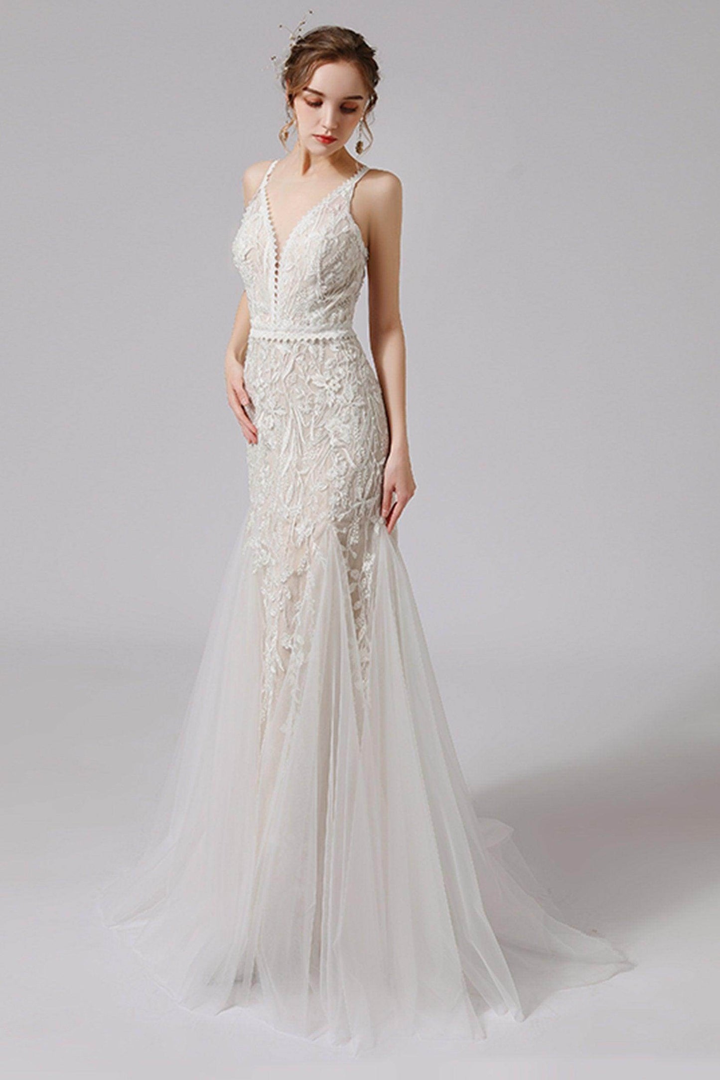 Trumpet Sweep-Brush Train Lace Tulle Wedding Dress CW2719 - COCOMELODY