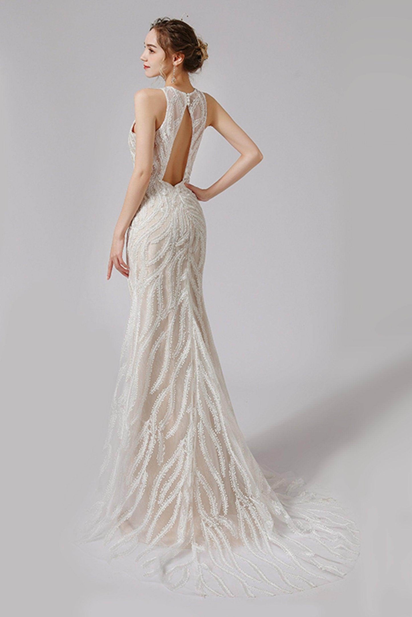 Trumpet-Mermaid Sweep-Brush Train Lace Wedding Dress CW2720CR - COCOMELODY
