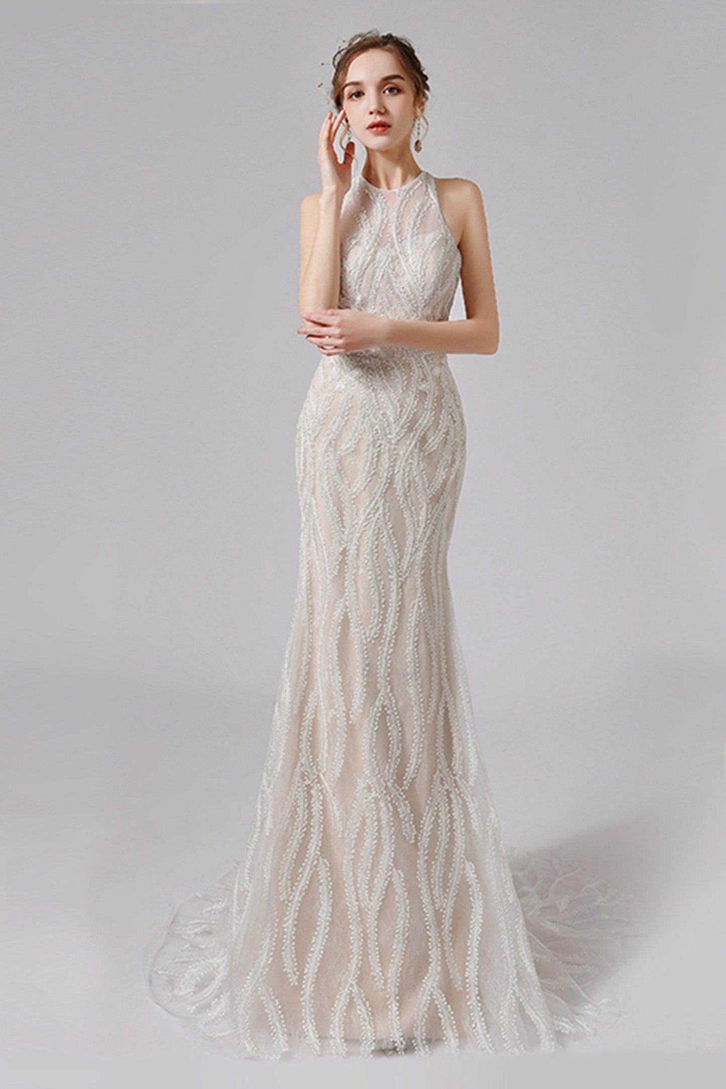 Trumpet-Mermaid Sweep-Brush Train Lace Wedding Dress CW2720CR - COCOMELODY