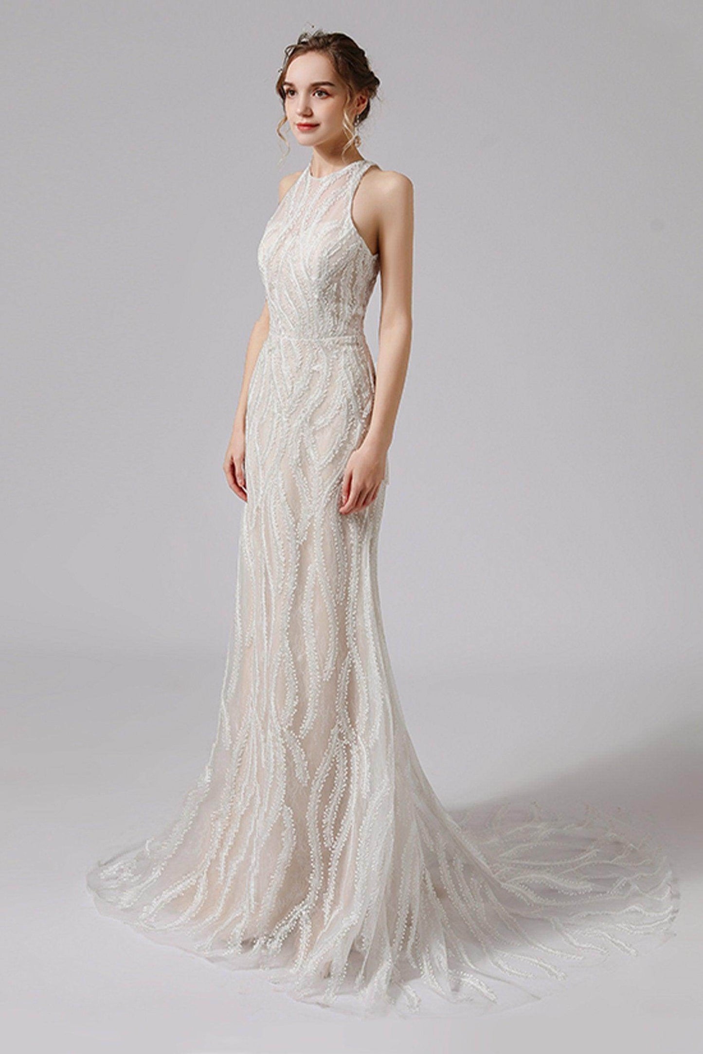 Trumpet-Mermaid Sweep-Brush Train Lace Wedding Dress CW2720CR - COCOMELODY
