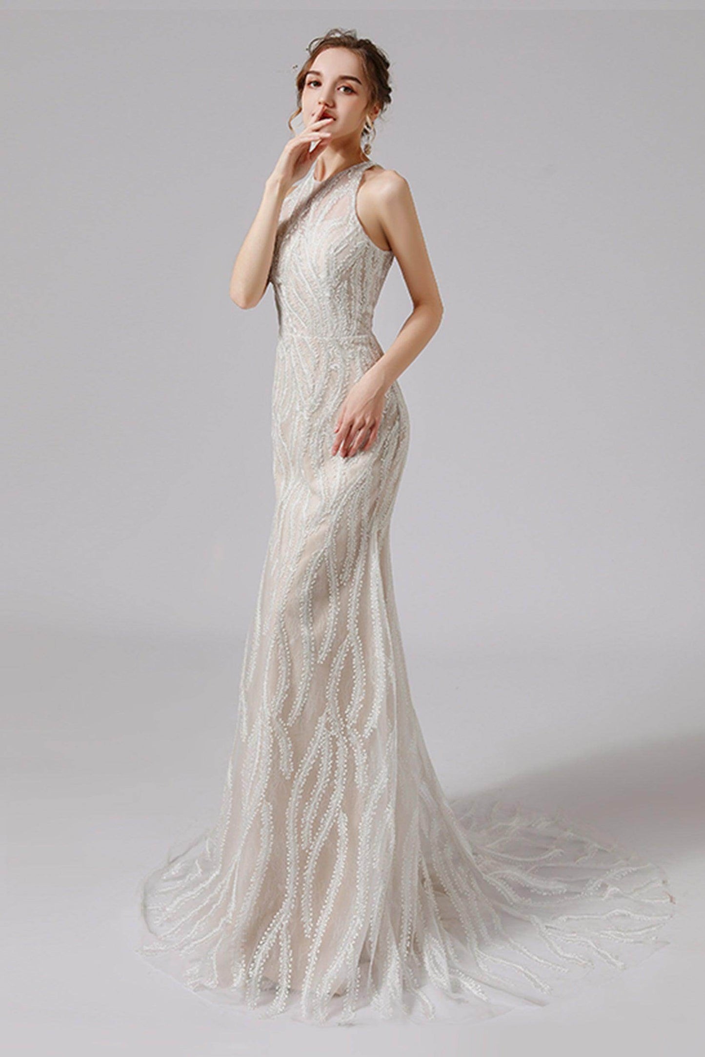 Trumpet-Mermaid Sweep-Brush Train Lace Wedding Dress CW2720CR - COCOMELODY