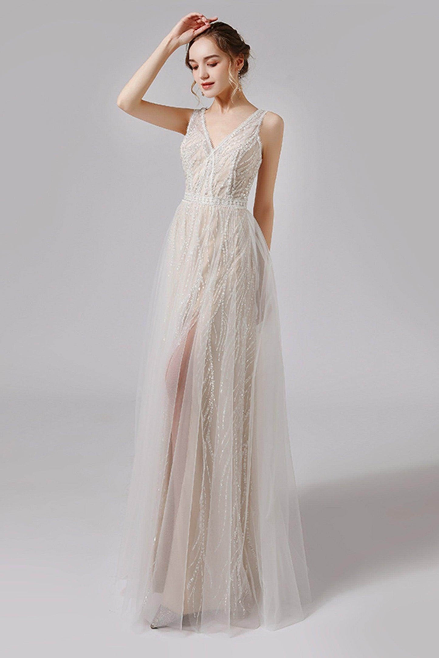 A-Line Floor Length Lace Tulle Wedding Dress CW2722 - COCOMELODY