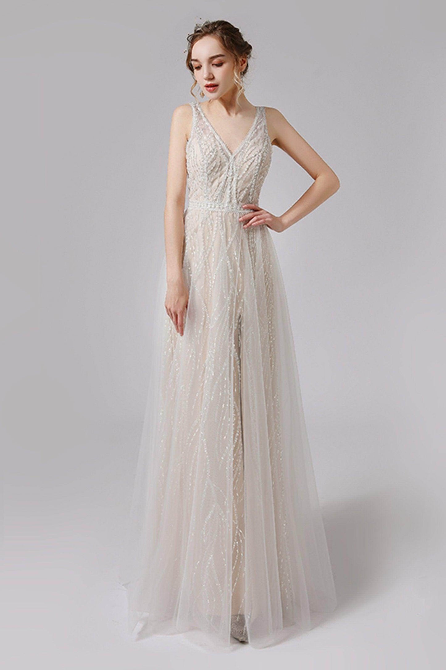 A-Line Floor Length Lace Tulle Wedding Dress CW2722 - COCOMELODY