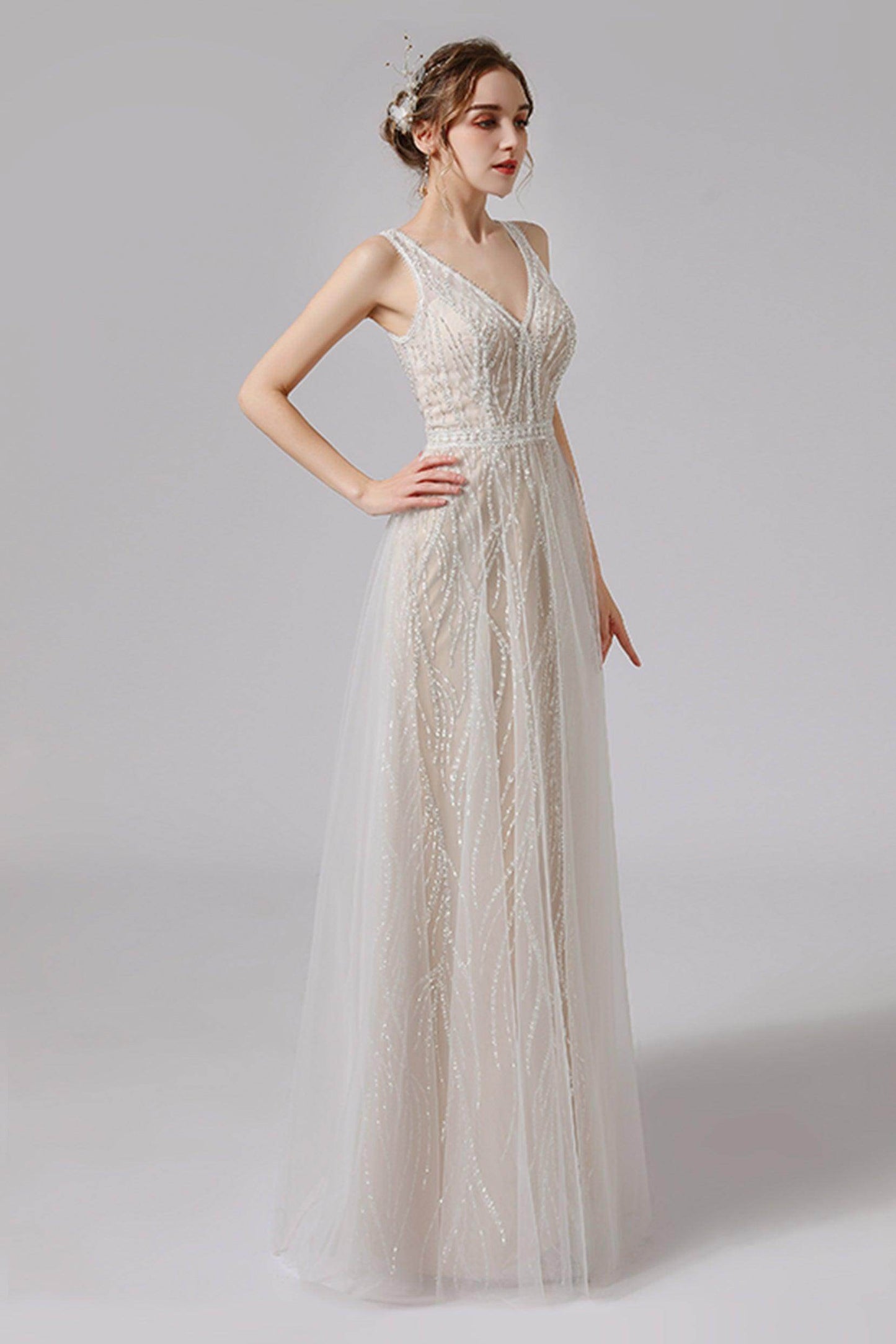 A-Line Floor Length Lace Tulle Wedding Dress CW2722 - COCOMELODY