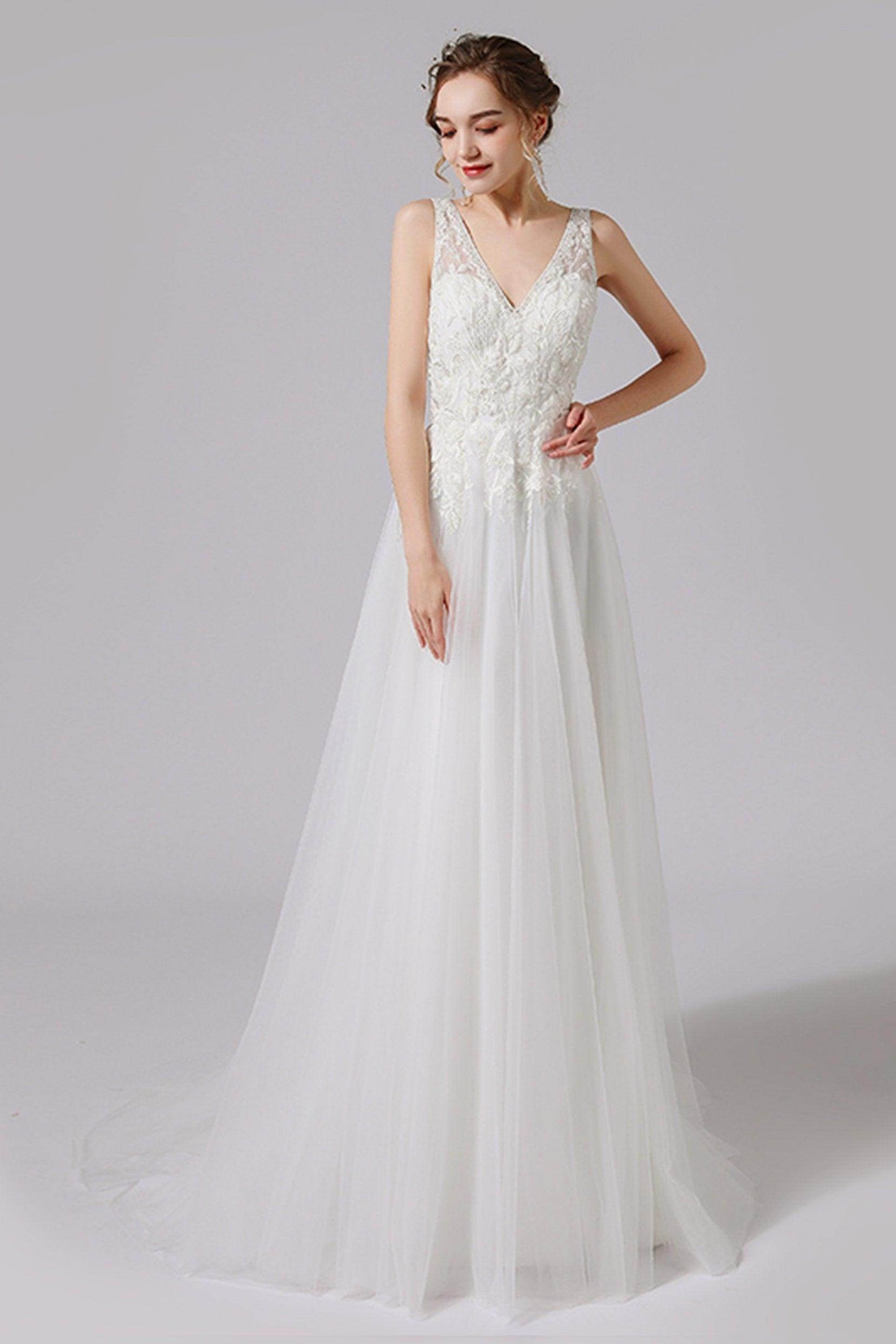 A-Line Sweep-Brush Train Lace Tulle Wedding Dress CW2723 - COCOMELODY