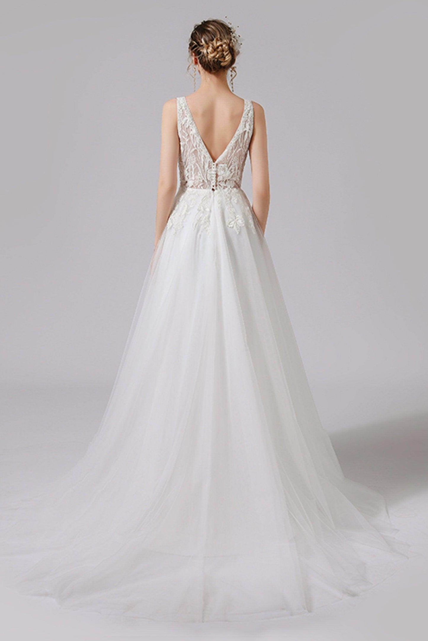 A-Line Sweep-Brush Train Lace Tulle Wedding Dress CW2723 - COCOMELODY