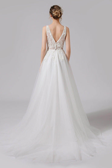 A-Line Sweep-Brush Train Lace Tulle Wedding Dress CW2723 - COCOMELODY