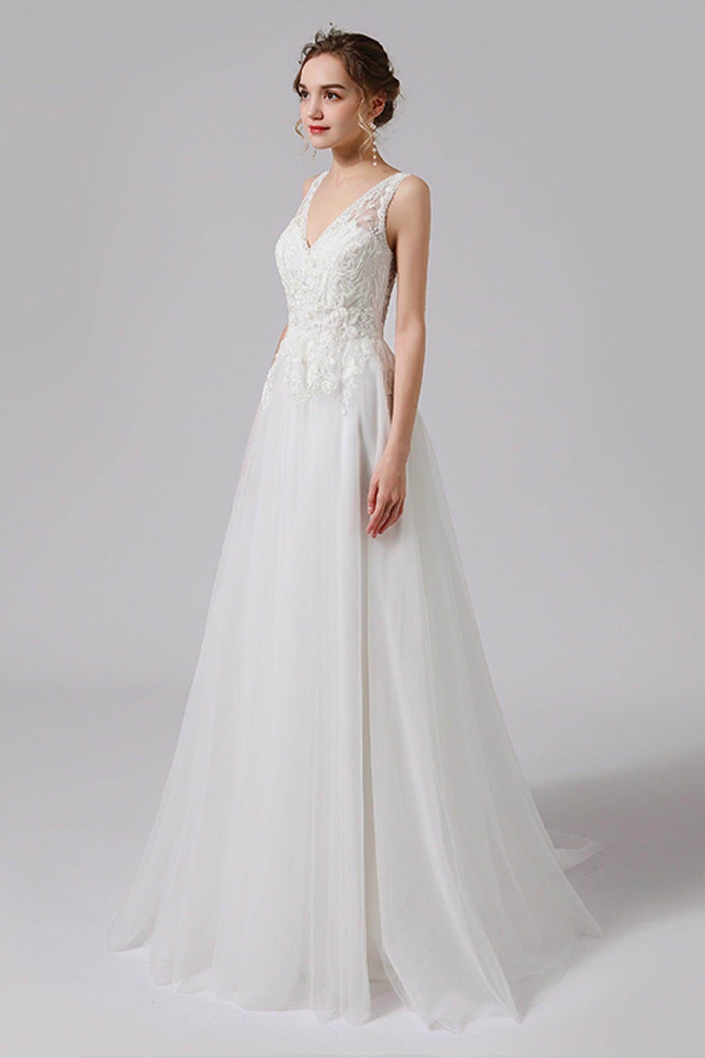 A-Line Sweep-Brush Train Lace Tulle Wedding Dress CW2723 - COCOMELODY