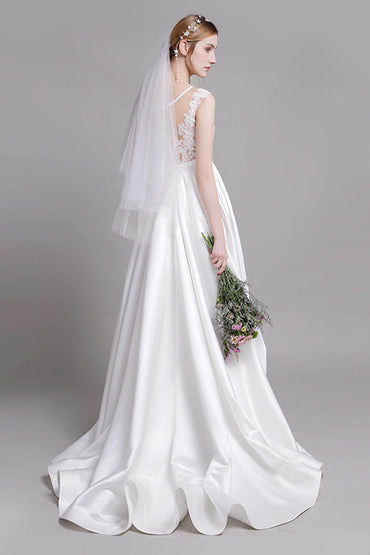 A-Line Floor Length Lace Satin Wedding Dress CW2728 - COCOMELODY