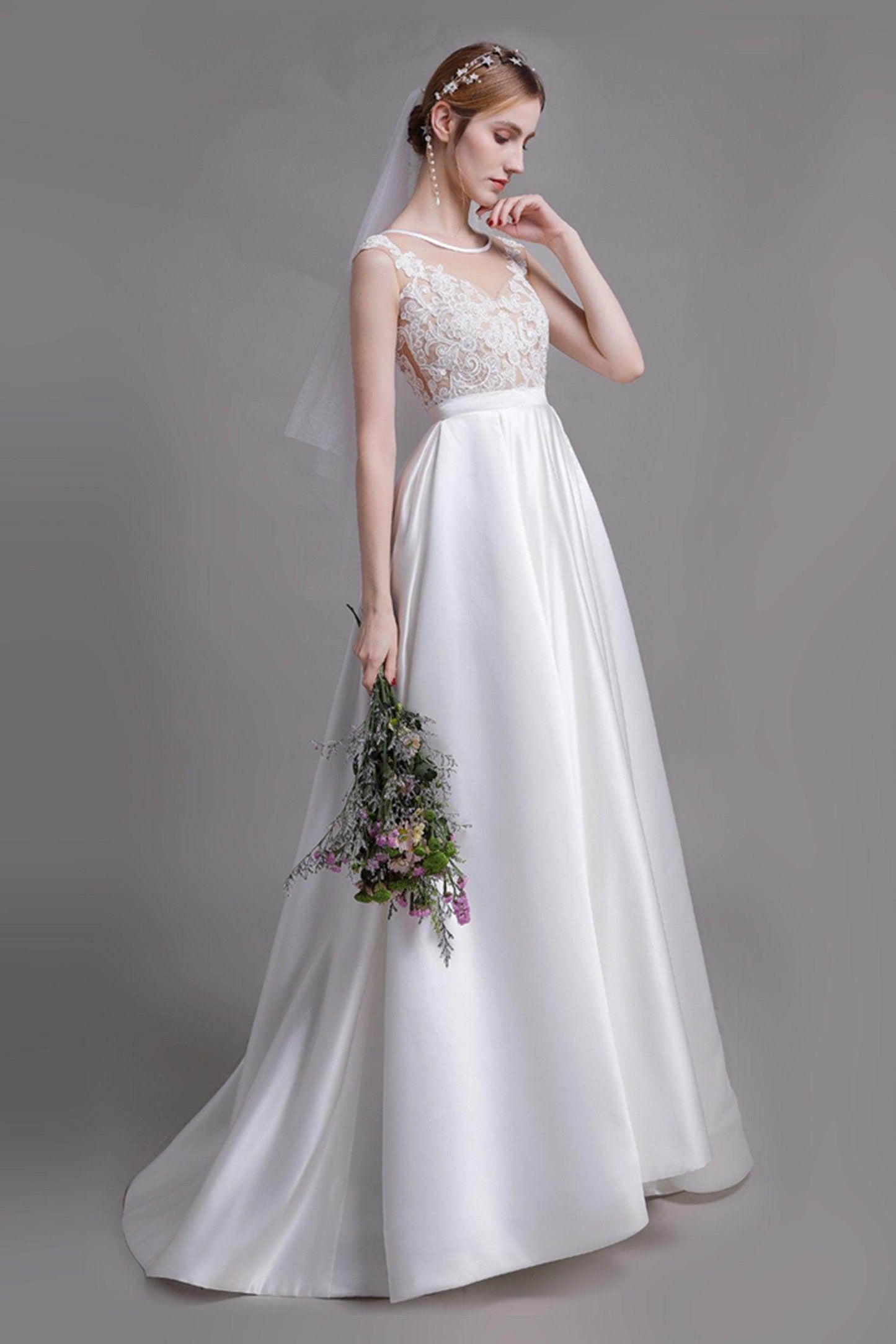 A-Line Floor Length Lace Satin Wedding Dress CW2728 - COCOMELODY