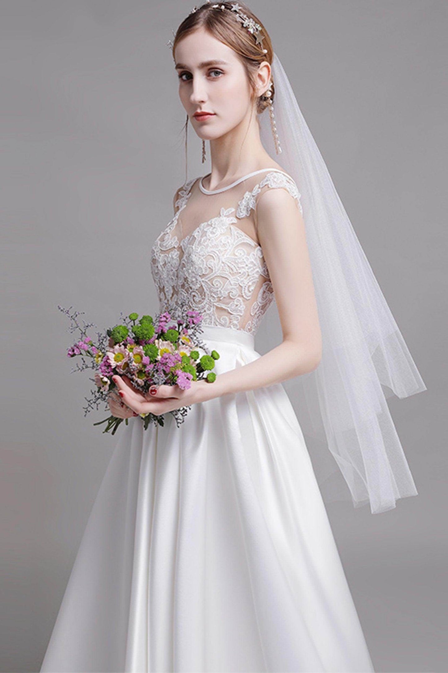 A-Line Floor Length Lace Satin Wedding Dress CW2728 - COCOMELODY