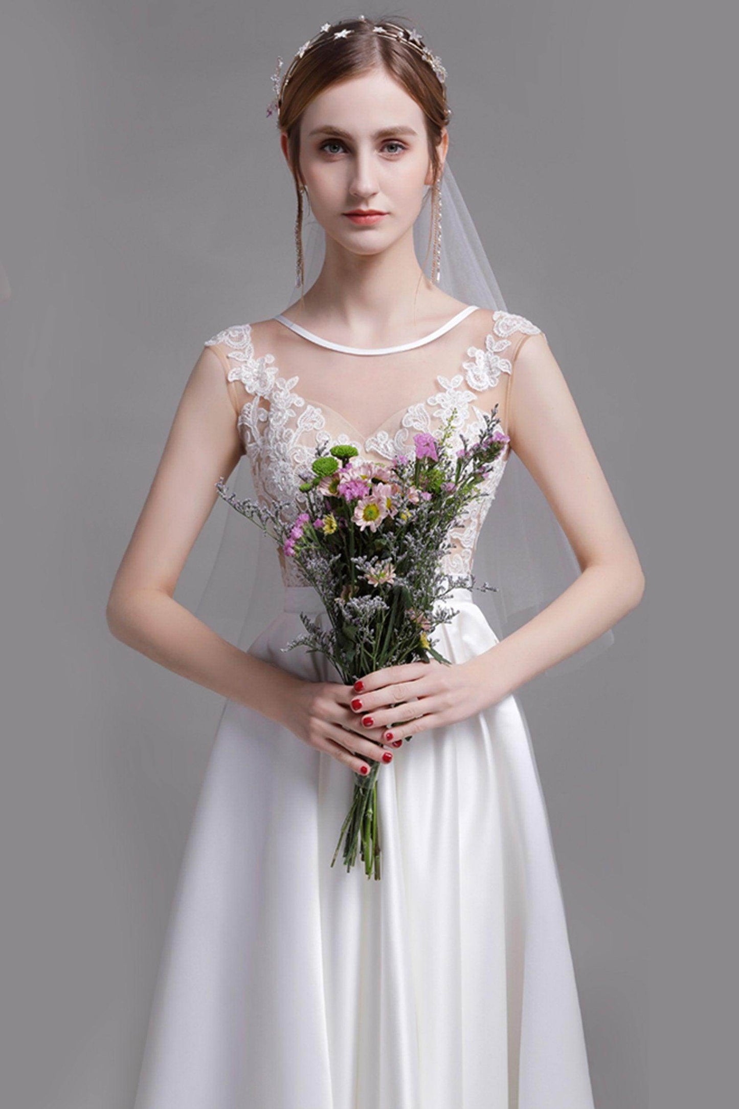 A-Line Floor Length Lace Satin Wedding Dress CW2728 - COCOMELODY