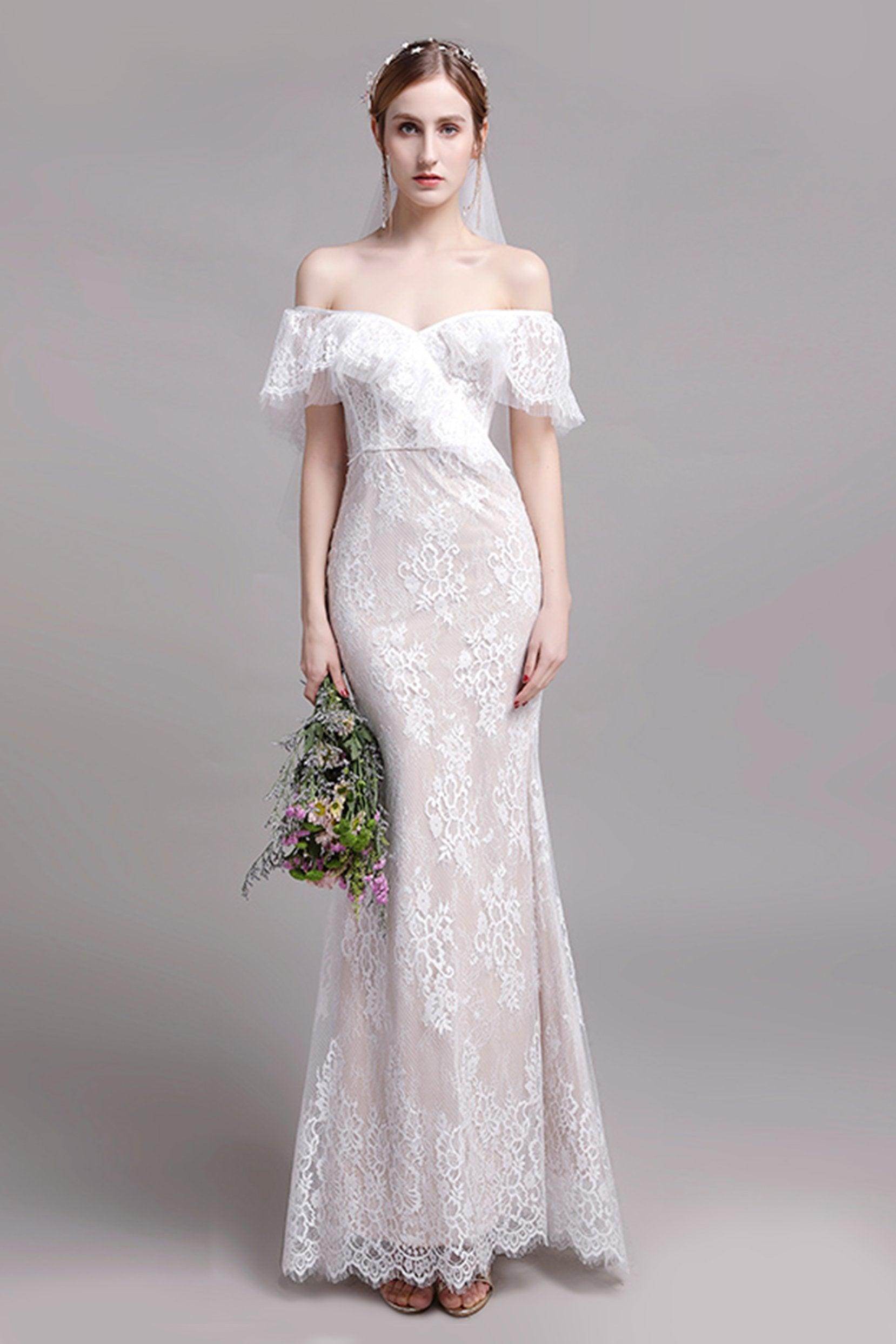 Trumpet-Mermaid Floor Length Lace Tulle Wedding Dress CW2729 - COCOMELODY