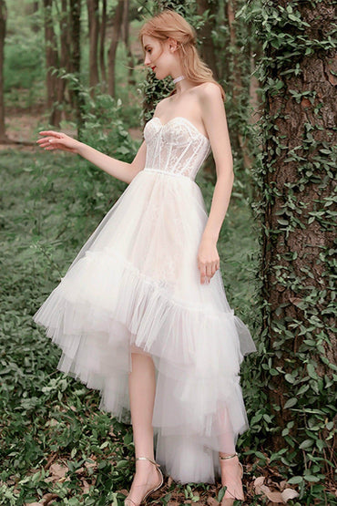 A-Line High-Low Lace Tulle Wedding Dress CW2732 - COCOMELODY