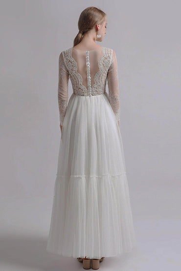 A-Line Ankle Length Lace Tulle Wedding Dress CW2734 - COCOMELODY