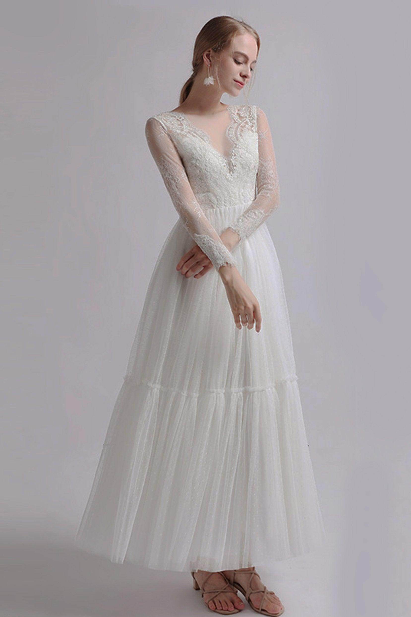 A-Line Ankle Length Lace Tulle Wedding Dress CW2734 - COCOMELODY
