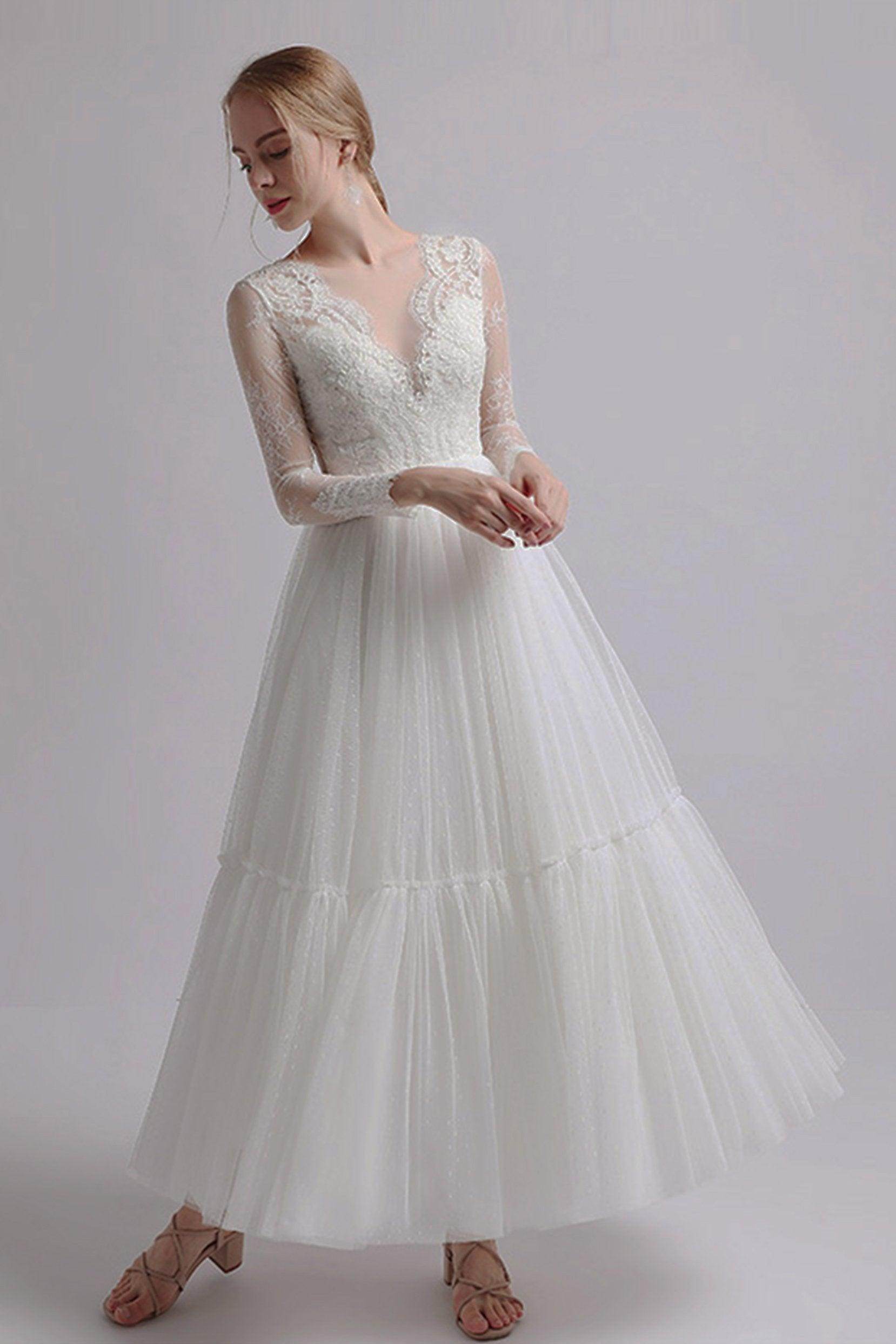 A-Line Ankle Length Lace Tulle Wedding Dress CW2734 - COCOMELODY