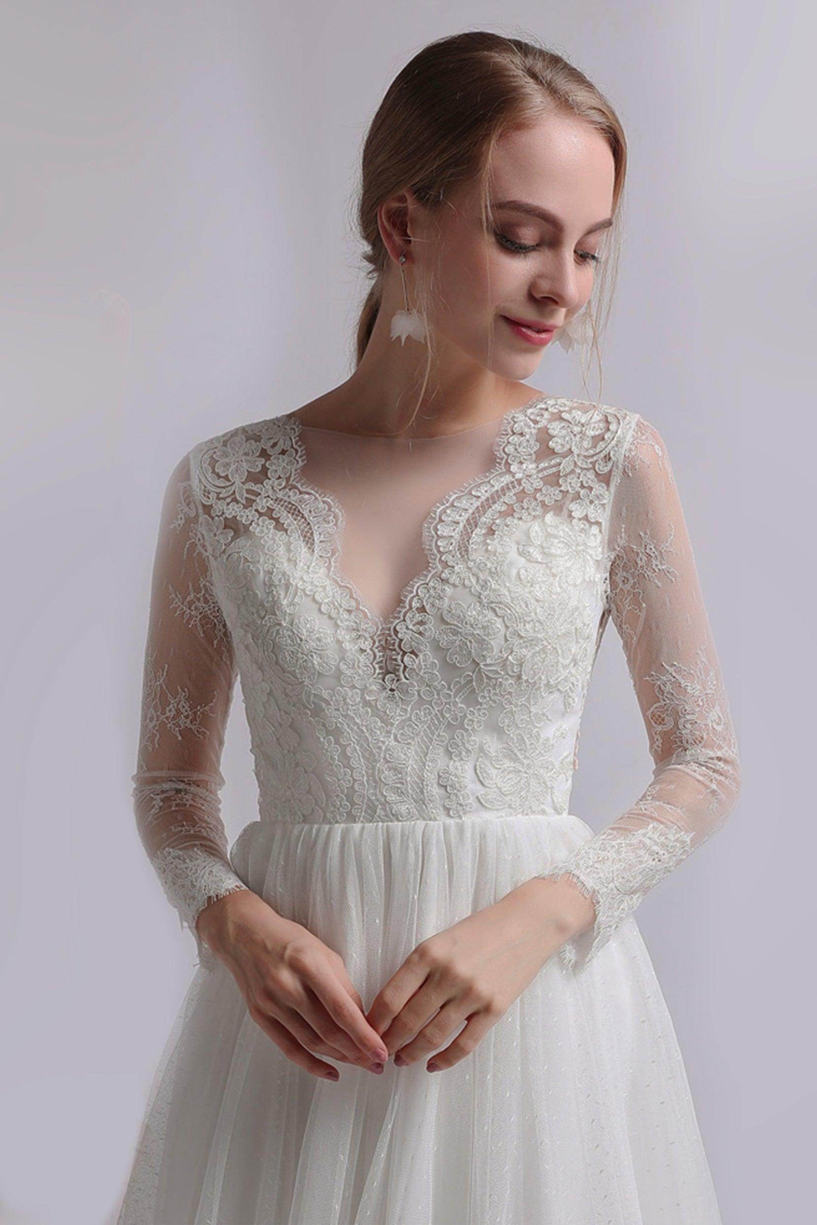A-Line Ankle Length Lace Tulle Wedding Dress CW2734 - COCOMELODY